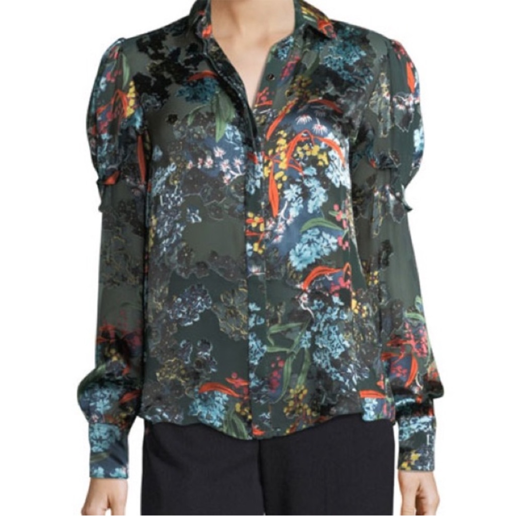 Saloni - Silk Myra Dark Green W/ Multicolor Floral Burnout Design Blouse Size 6